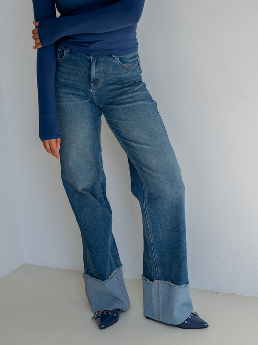 Zola Cuffed Wide Leg Jeans | Ocean Blue | Tall