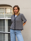 Lena Knitted Cardigan with Buttons | White Dark Blue Striped | Tall