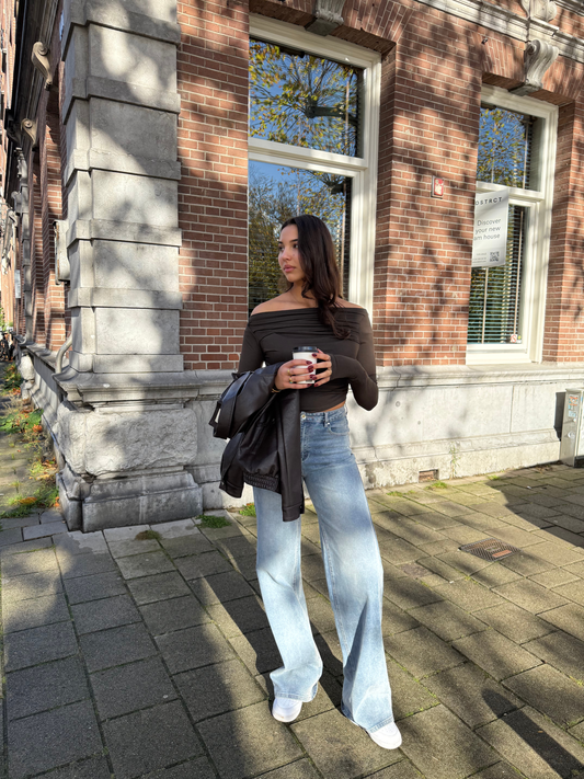 Lieke off-shoulder top | Tall | Dark brown
