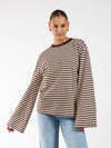 Nine Tee | Wide-sleeved | Striped cream brown | Tall