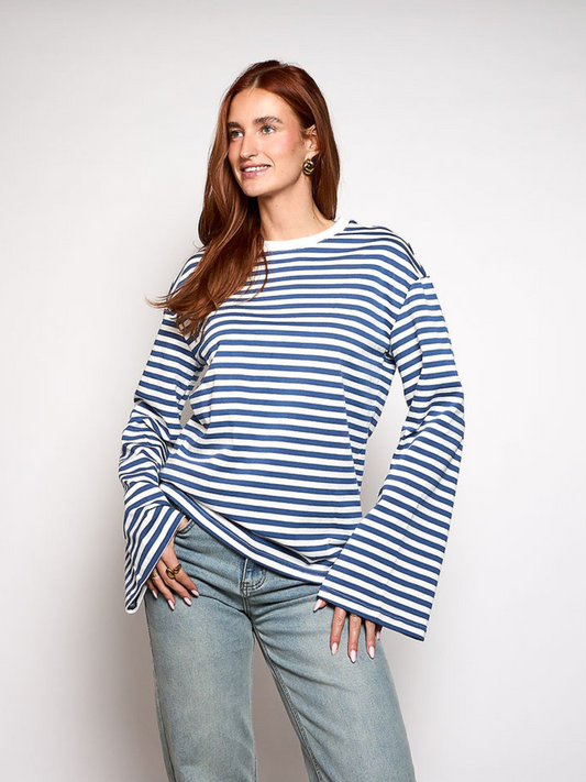 Nine Tee | Flared Sleeve | Striped White Blue | Tall