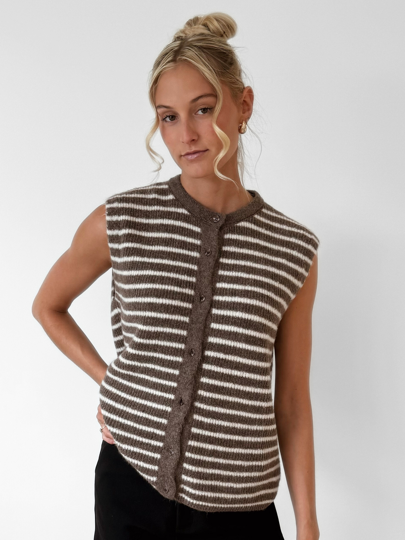Lola Knitted Spencer with Buttons | Brown and White Striped | Tall