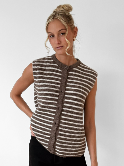 Lola Knitted Spencer with Buttons | Brown and White Striped | Tall