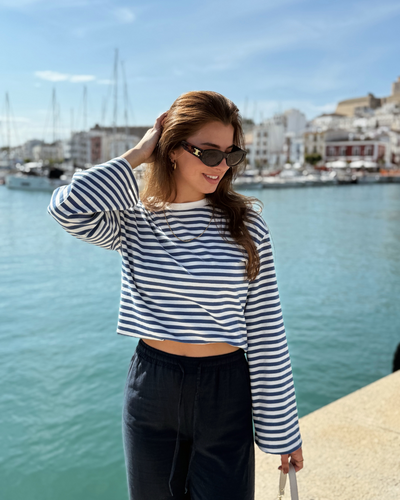 Nine Tee | Flared Sleeve | Striped White Blue | Tall