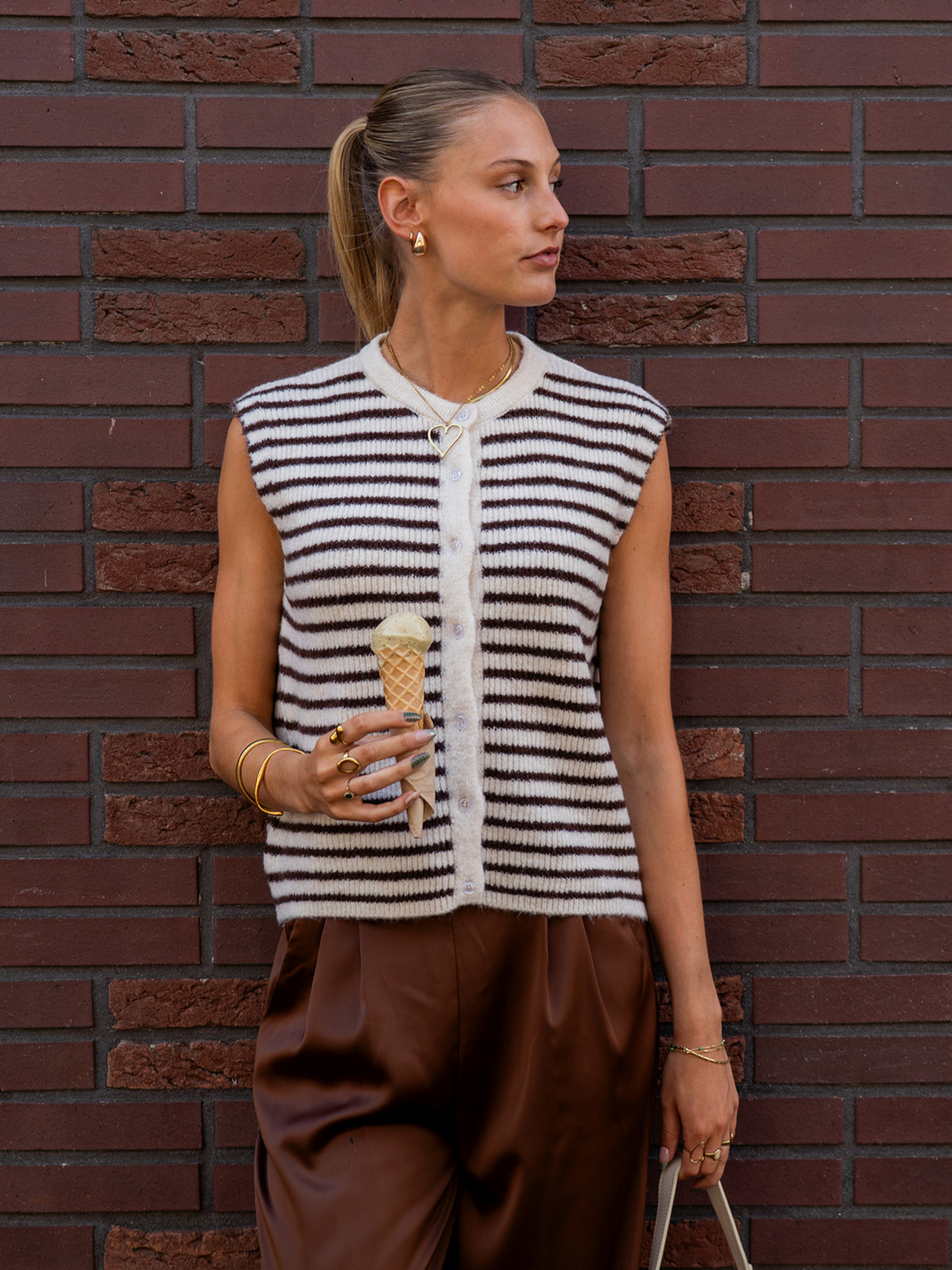 Lola Knitted Spencer with Buttons | White brown striped | Tall