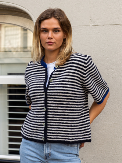 Lena Knitted Cardigan with Buttons | White Dark Blue Striped | Tall