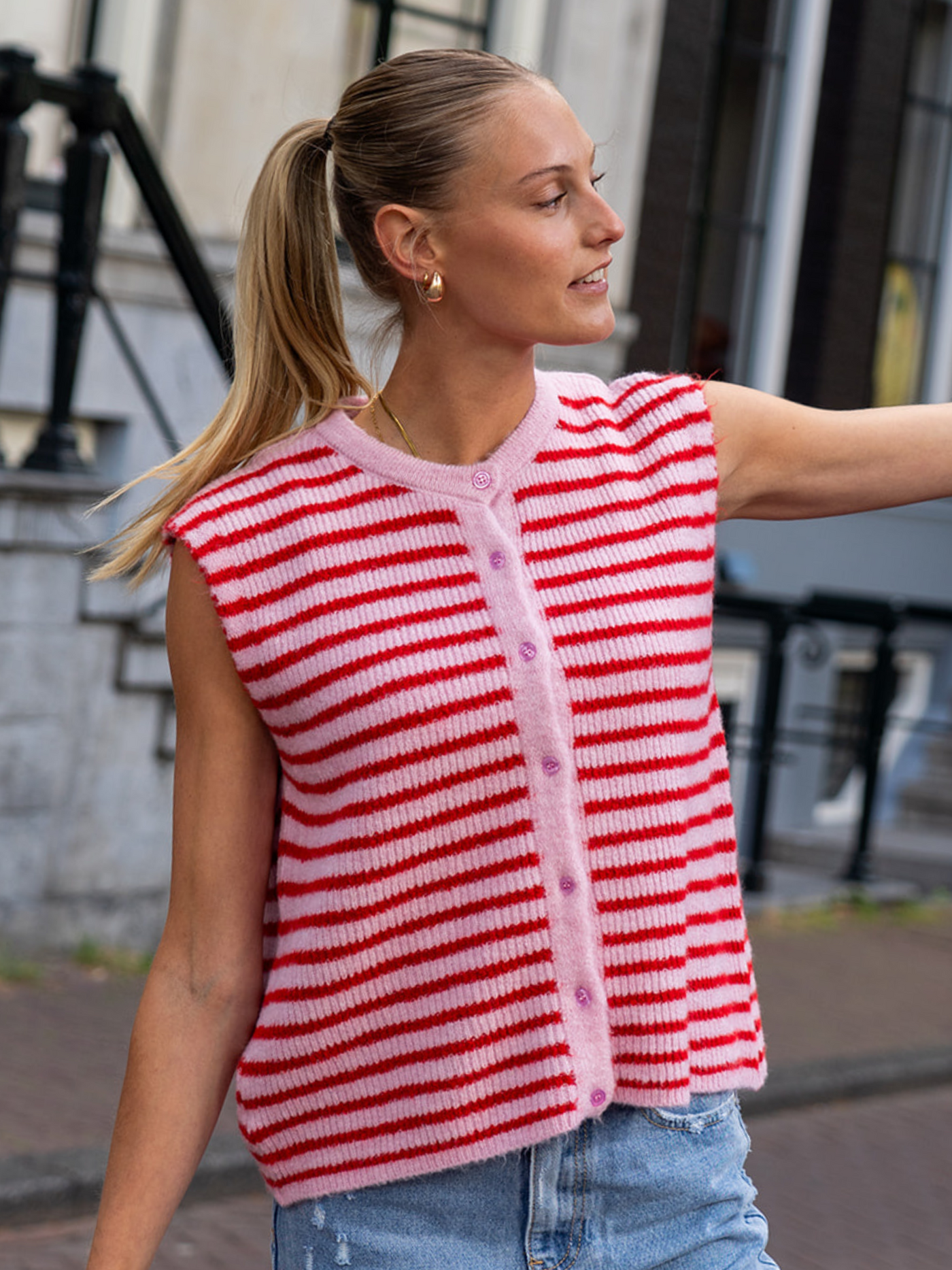 Lola Knitted Spencer with Buttons | Pink Red Striped | Tall
