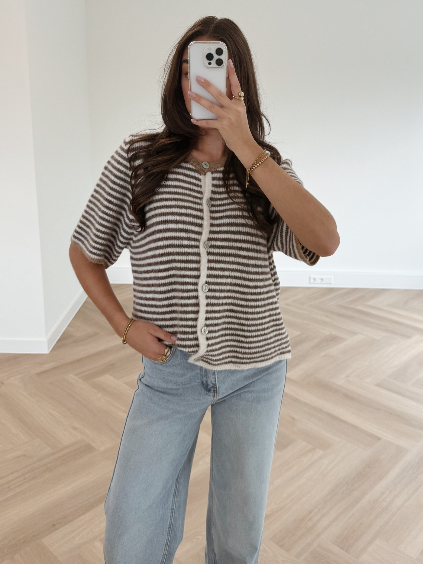Lena Knitted Cardigan with Buttons | White brown striped | Tall