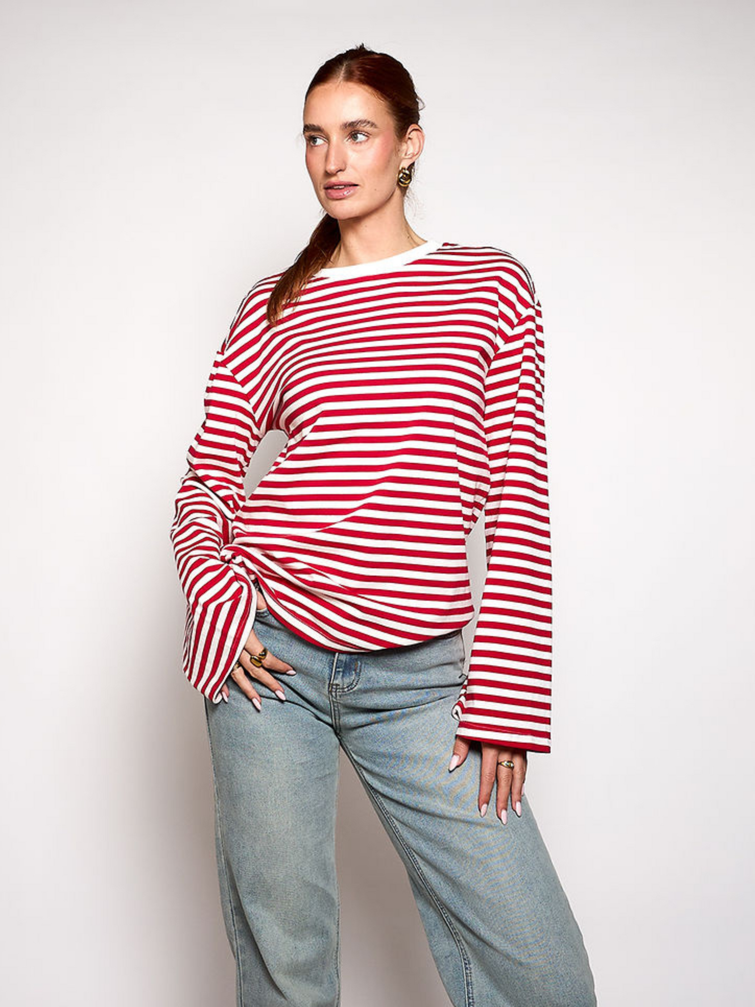 Nine Tee | Flared Sleeve | Striped White Red | Tall