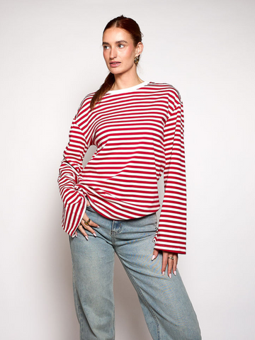Nine Tee | Flared Sleeve | Striped White Red | Tall