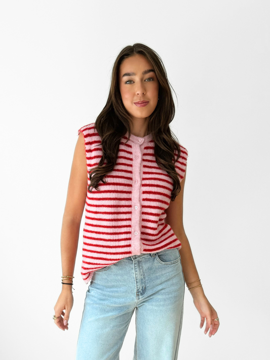 Lola Knitted Spencer with Buttons | Pink Red Striped | Tall