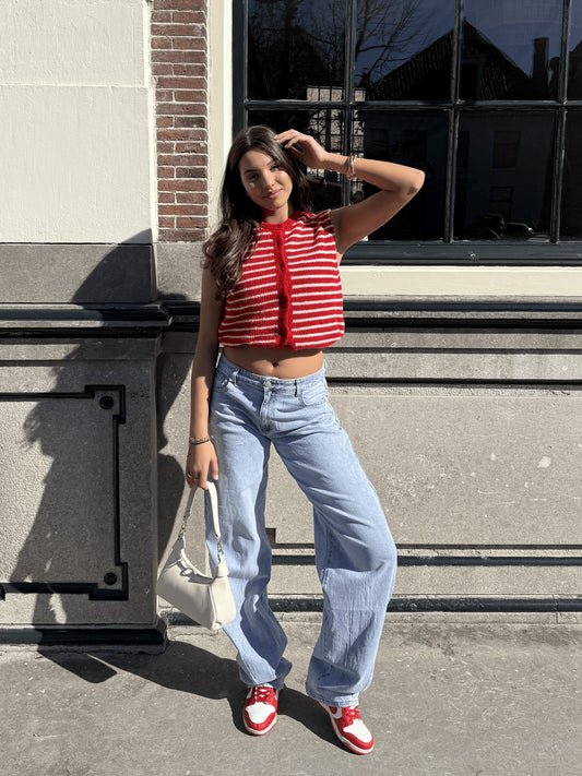 Lola Knitted Spencer with Buttons | Red and White Striped | Tall