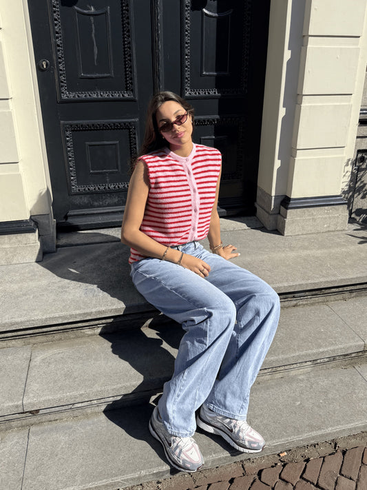 Lola Knitted Spencer with Buttons | Pink Red Striped | Tall