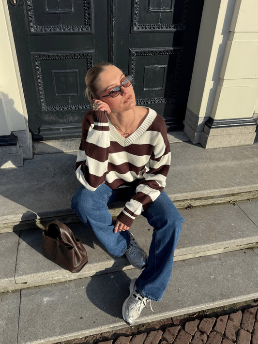 Ella | Knitted sweater | Brown striped | Tall