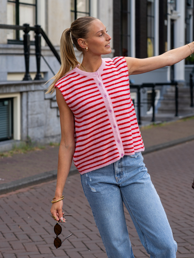 Lola Knitted Spencer with Buttons | Pink Red Striped | Tall