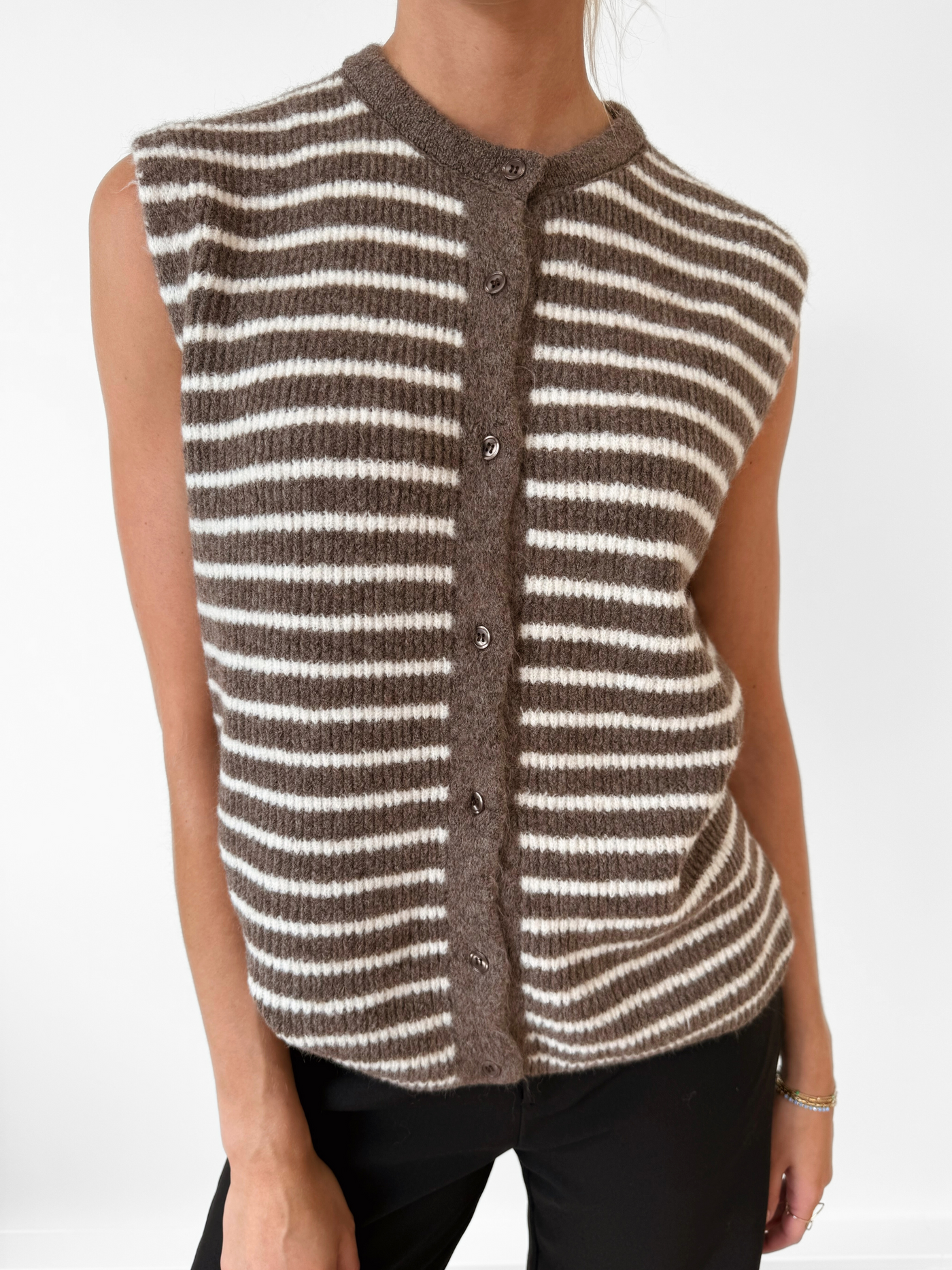 Lola Knitted Spencer with Buttons | Brown and White Striped | Tall