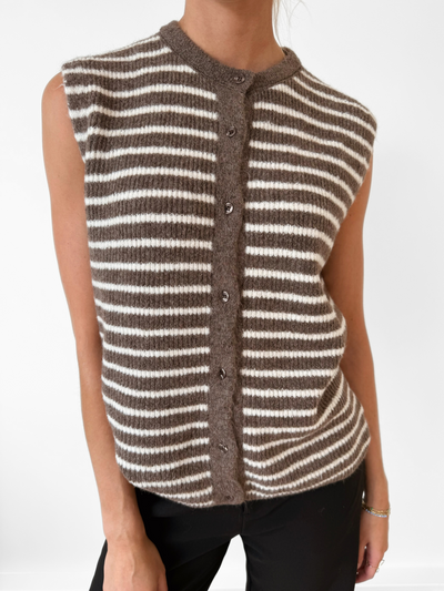 Lola Knitted Spencer with Buttons | Brown and White Striped | Tall