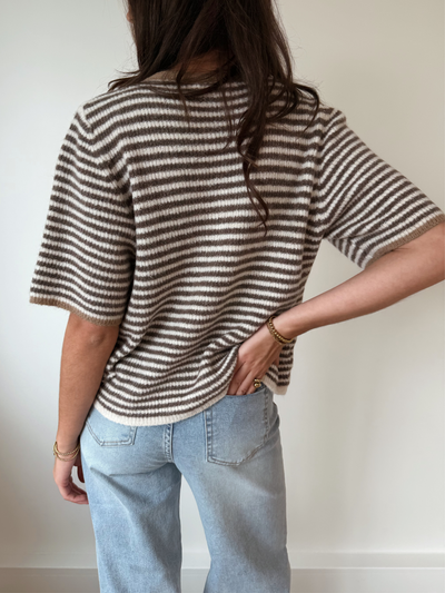 Lena Knitted Cardigan with Buttons | White brown striped | Tall