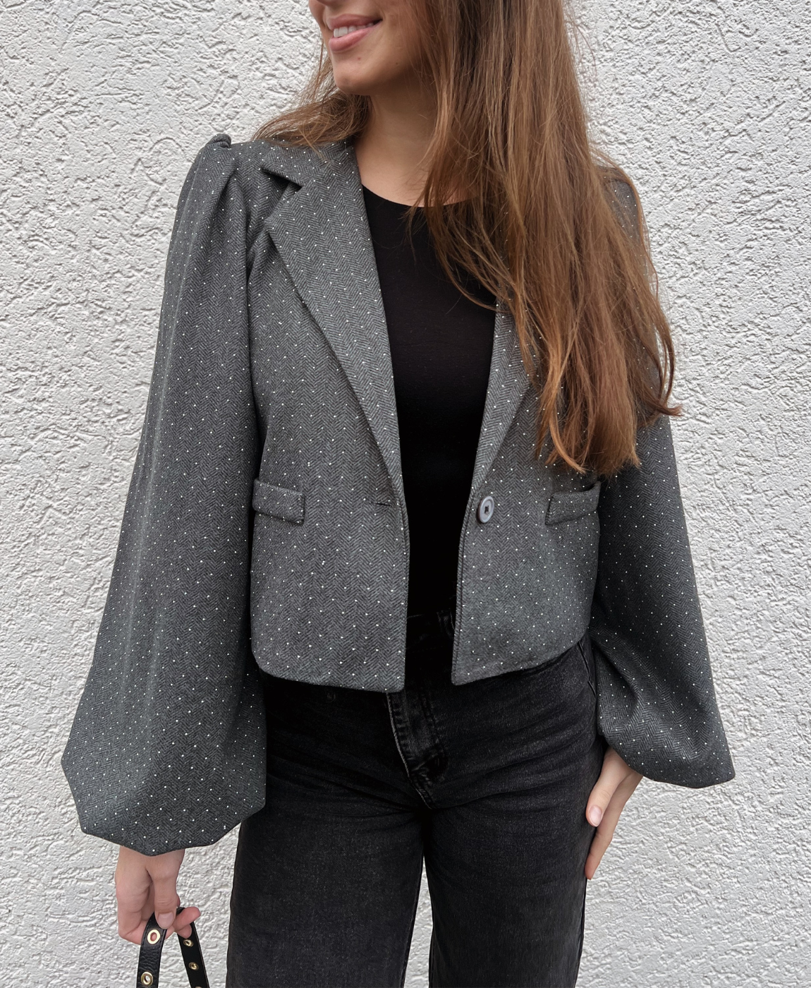 Mia Glitter Blazer | Puff Sleeve | Dark Grey | Tall