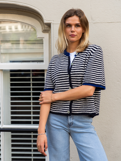 Lena Knitted Cardigan with Buttons | White Dark Blue Striped | Tall
