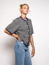 Lena Knitted Cardigan with Buttons | White Dark Blue Striped | Tall