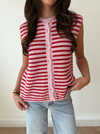 Lola Knitted Spencer with Buttons | Pink Red Striped | Tall