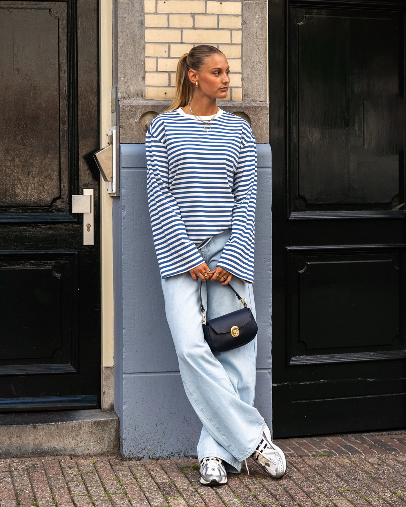 Nine Tee | Flared Sleeve | Striped White Blue | Tall