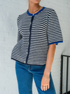 Lena Knitted Cardigan with Buttons | White Dark Blue Striped | Tall