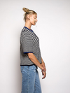 Lena Knitted Cardigan with Buttons | White Dark Blue Striped | Tall