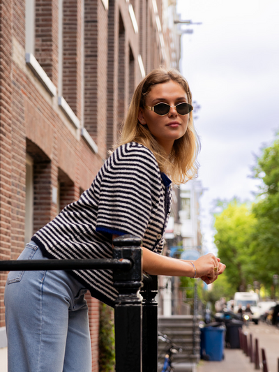 Lena Knitted Cardigan with Buttons | White Dark Blue Striped | Tall