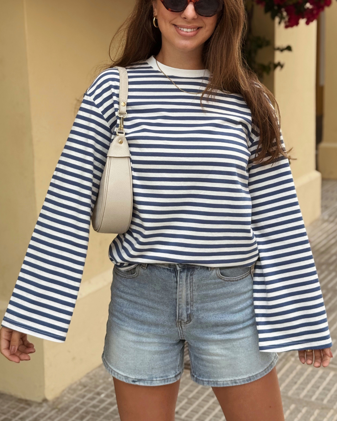 Nine Tee | Flared Sleeve | Striped White Blue | Tall