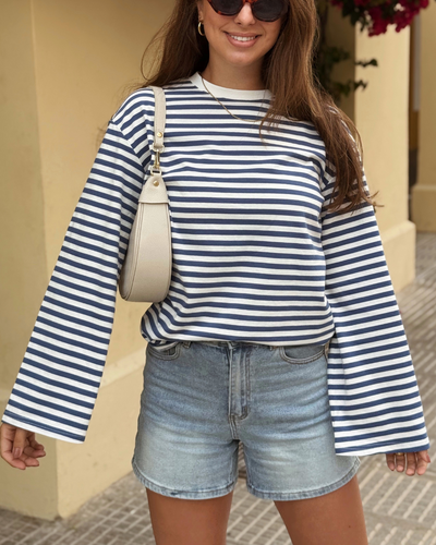 Nine Tee | Flared Sleeve | Striped White Blue | Tall