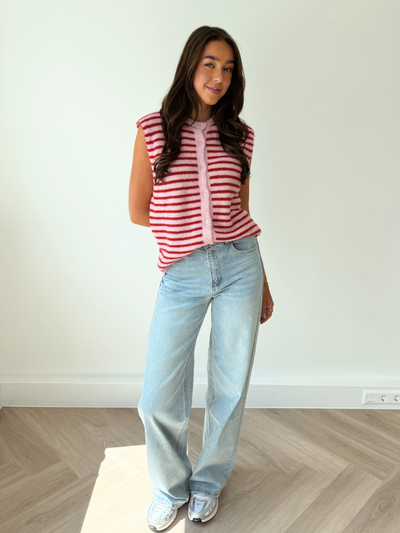 Lola Knitted Spencer with Buttons | Pink Red Striped | Tall