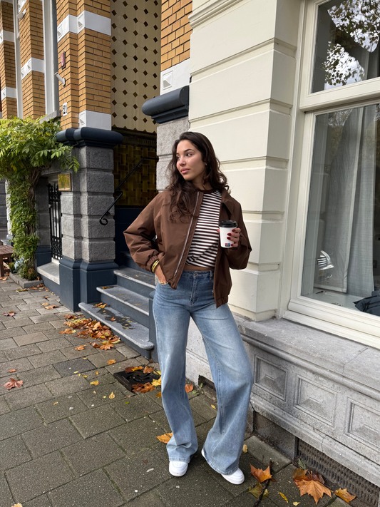 Nine Tee | Wide-sleeved | Striped cream brown | Tall