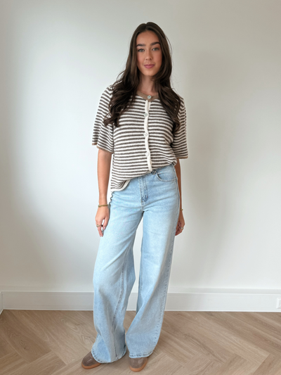 Lena Knitted Cardigan with Buttons | White brown striped | Tall