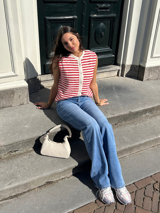 Lola Knitted Button-Up Spencer | White red striped | Tall