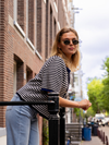Lena Knitted Cardigan with Buttons | White Dark Blue Striped | Tall