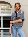 Lena Knitted Cardigan with Buttons | White Dark Blue Striped | Tall