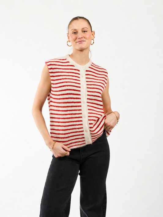 Lola Knitted Button-Up Spencer | White red striped | Tall