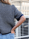 Lena Knitted Cardigan with Buttons | White Dark Blue Striped | Tall