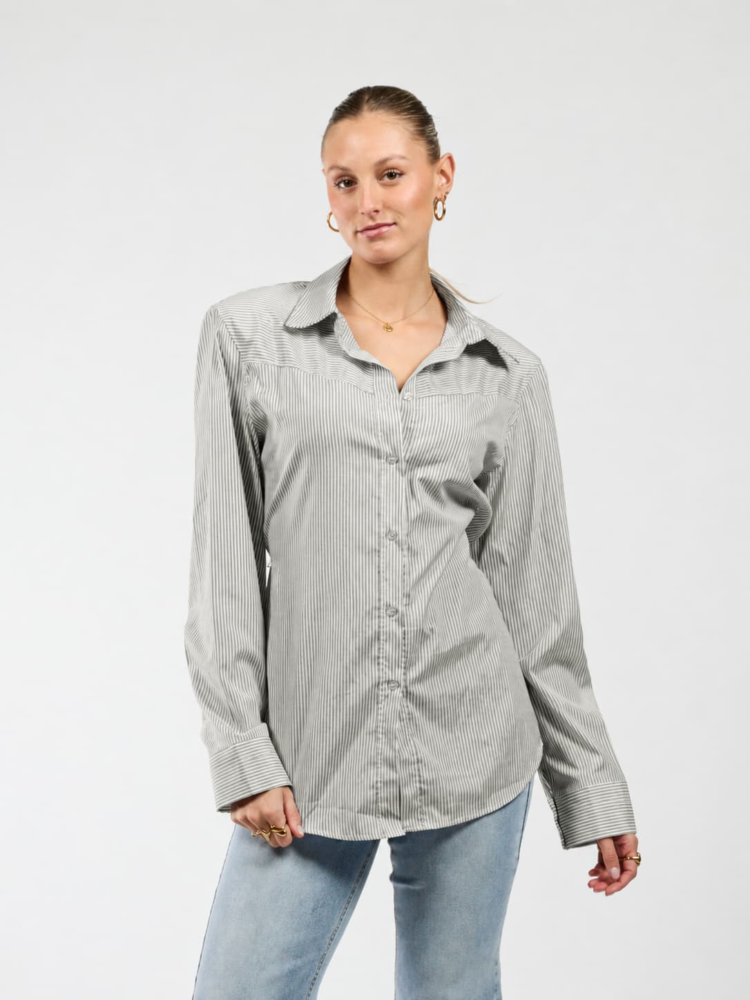 Semi-fitted blouse | Grey striped | Tall