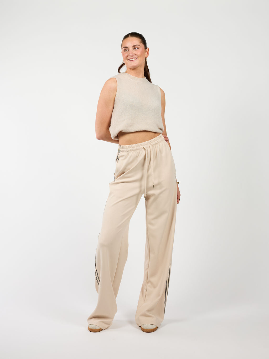 Beige sporty tall pants | With stripes | Elastic waistband | The