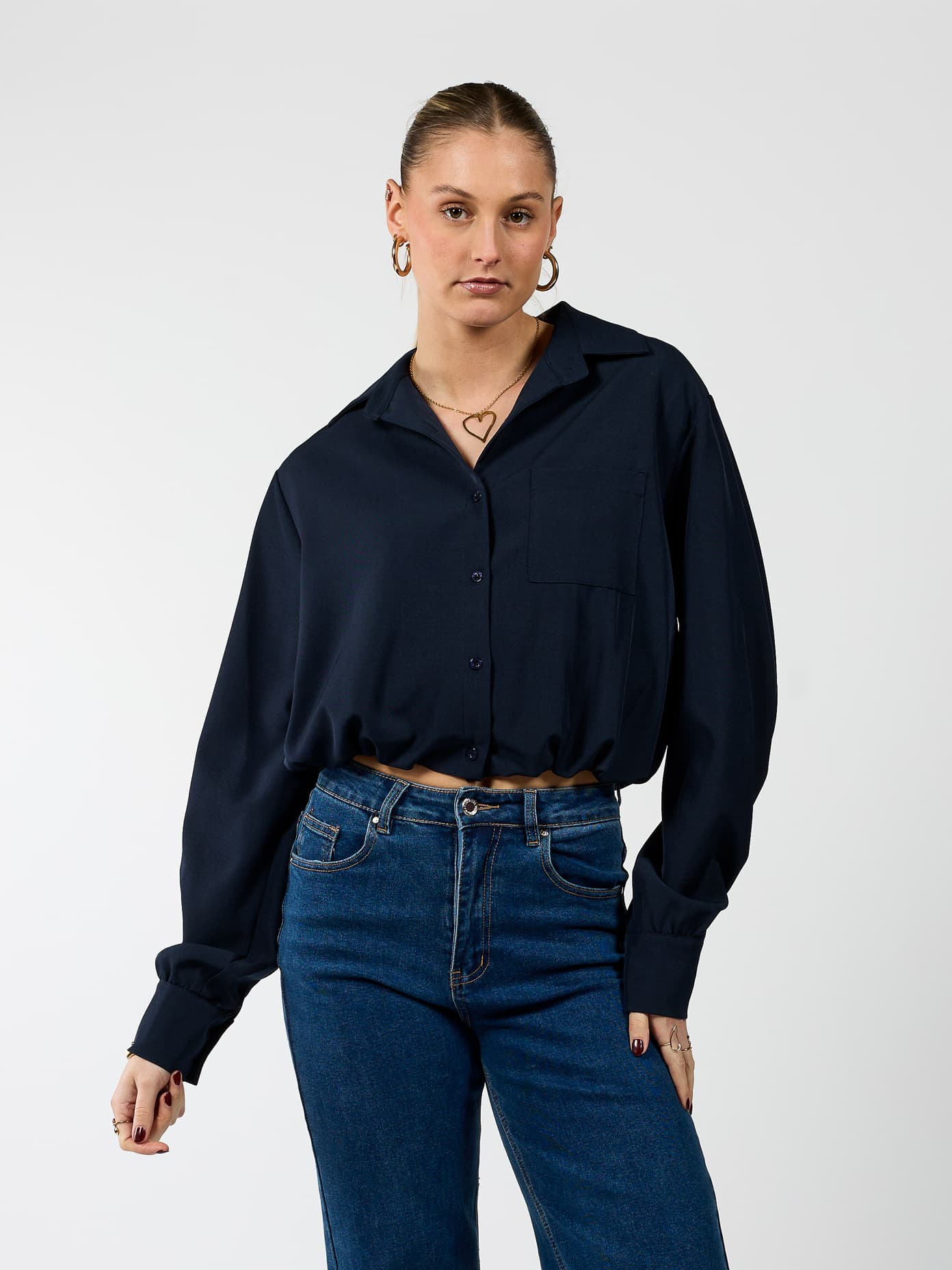 Jip | Cropped blouse | Navy | Tall
