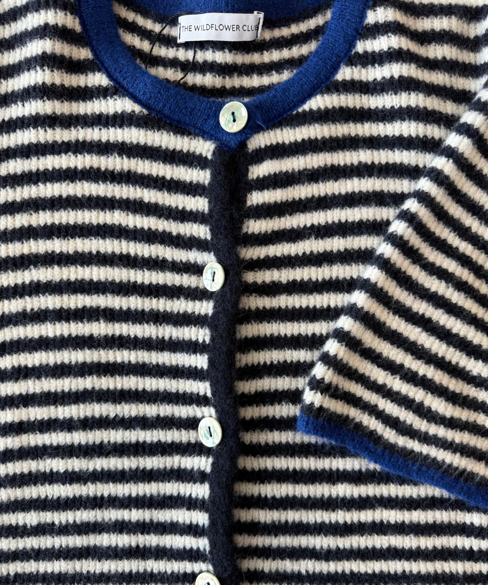 Lena Knitted Cardigan with Buttons | White Dark Blue Striped | Tall