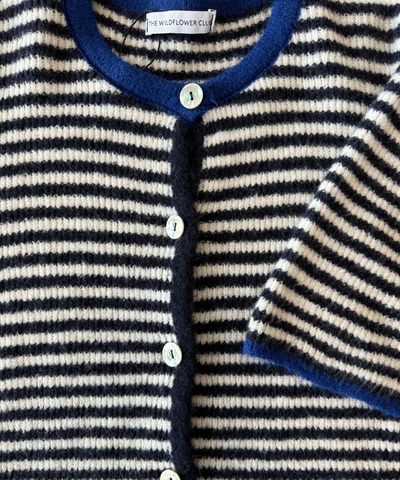 Lena Knitted Cardigan with Buttons | White Dark Blue Striped | Tall
