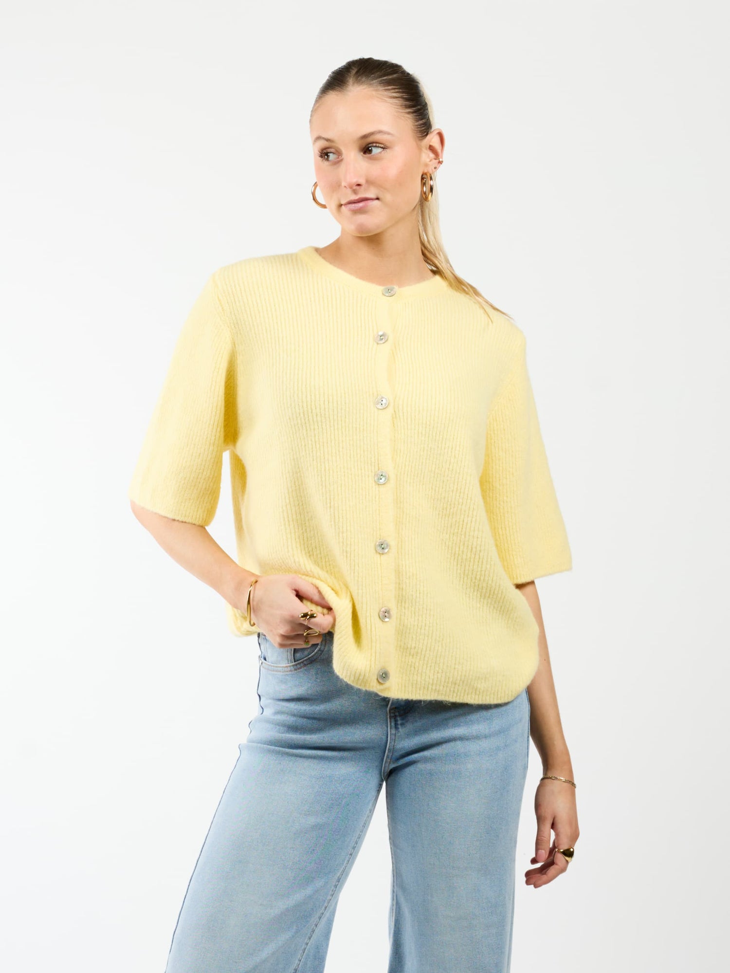 Lena Knitted Cardigan with Buttons | Yellow | Tall