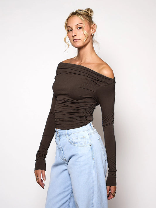 Lieke off-shoulder top | Tall | Brown