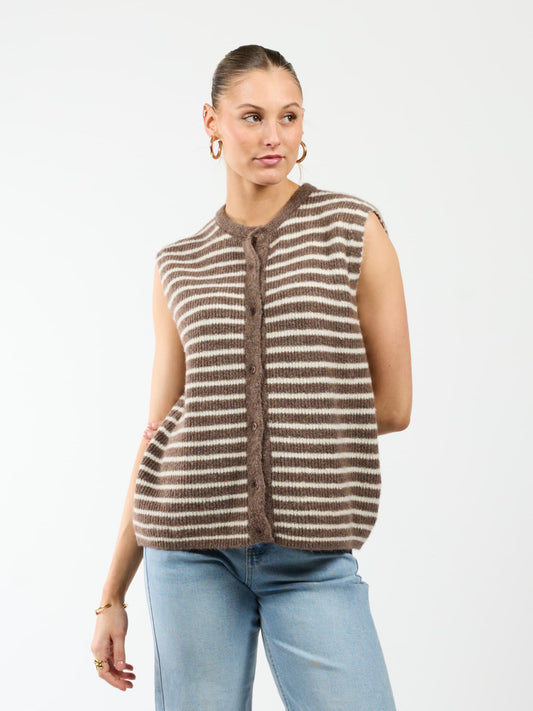 Lola Knitted Spencer with Buttons | Brown and White Striped | Tall