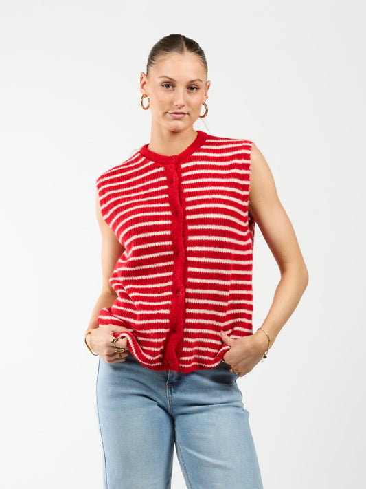 Lola Knitted Spencer with Buttons | Red and White Striped | Tall