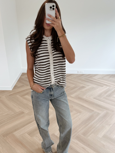 Lola Knitted Spencer with Buttons | White brown striped | Tall